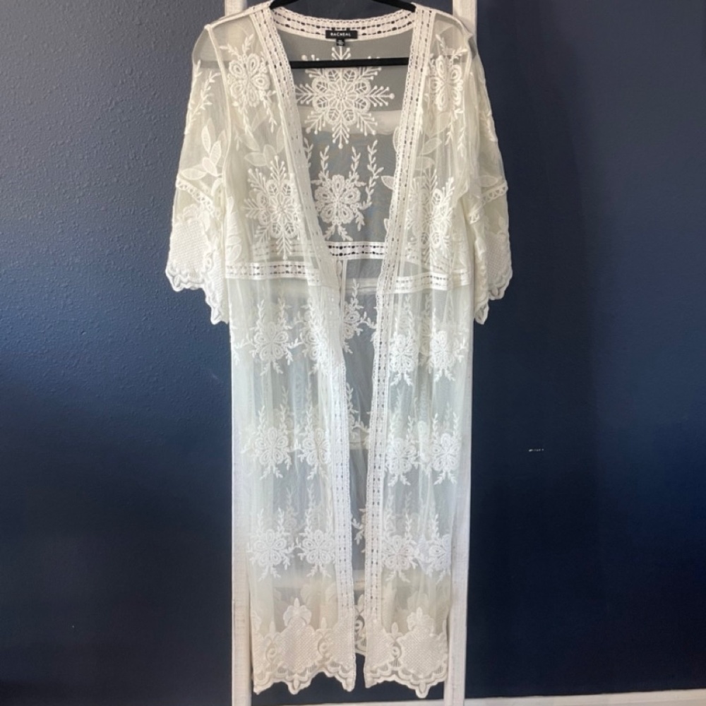 Sheer Open-Front White Crochet & Mesh Kimono / Duster